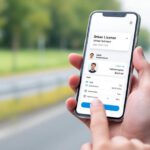 Smartphone mit digitalem Führerschein und deutschem Verkehrsschild im Hintergrund