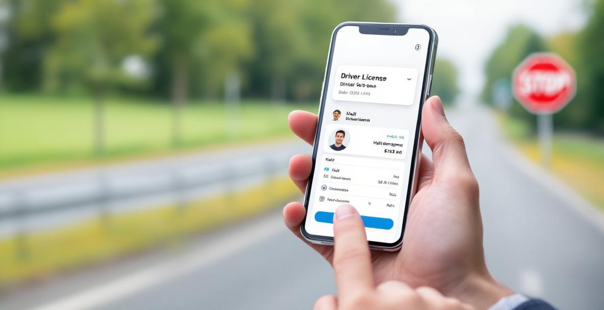 Smartphone mit digitalem Führerschein und deutschem Verkehrsschild im Hintergrund