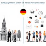 Gegenüberstellung von gesetzlicher und privater Rentenversicherung in Deutschland mit Symbolen für Staat und private Vorsorge.