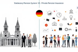 Gegenüberstellung von gesetzlicher und privater Rentenversicherung in Deutschland mit Symbolen für Staat und private Vorsorge.