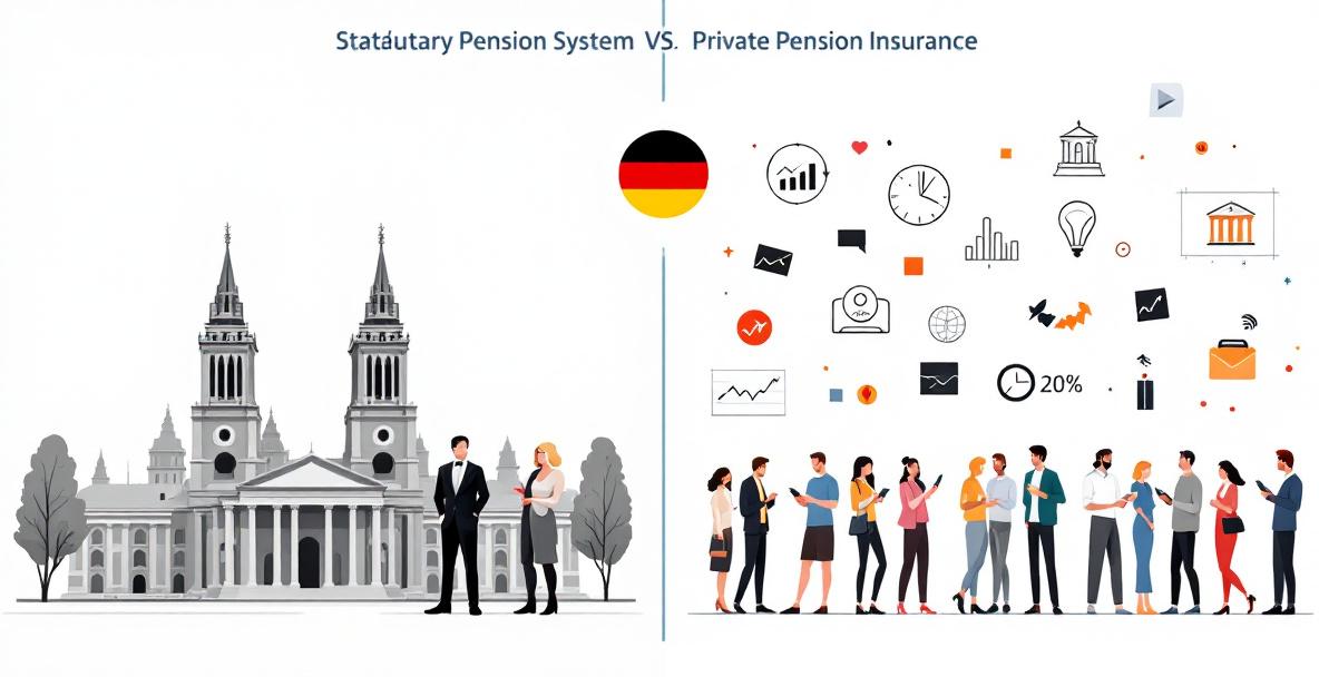 Gegenüberstellung von gesetzlicher und privater Rentenversicherung in Deutschland mit Symbolen für Staat und private Vorsorge.