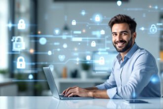 Kleine Unternehmerin schützt ihr Unternehmen mit modernen Cybersicherheitsmaßnahmen am Arbeitsplatz.