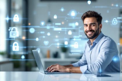 Kleine Unternehmerin schützt ihr Unternehmen mit modernen Cybersicherheitsmaßnahmen am Arbeitsplatz.
