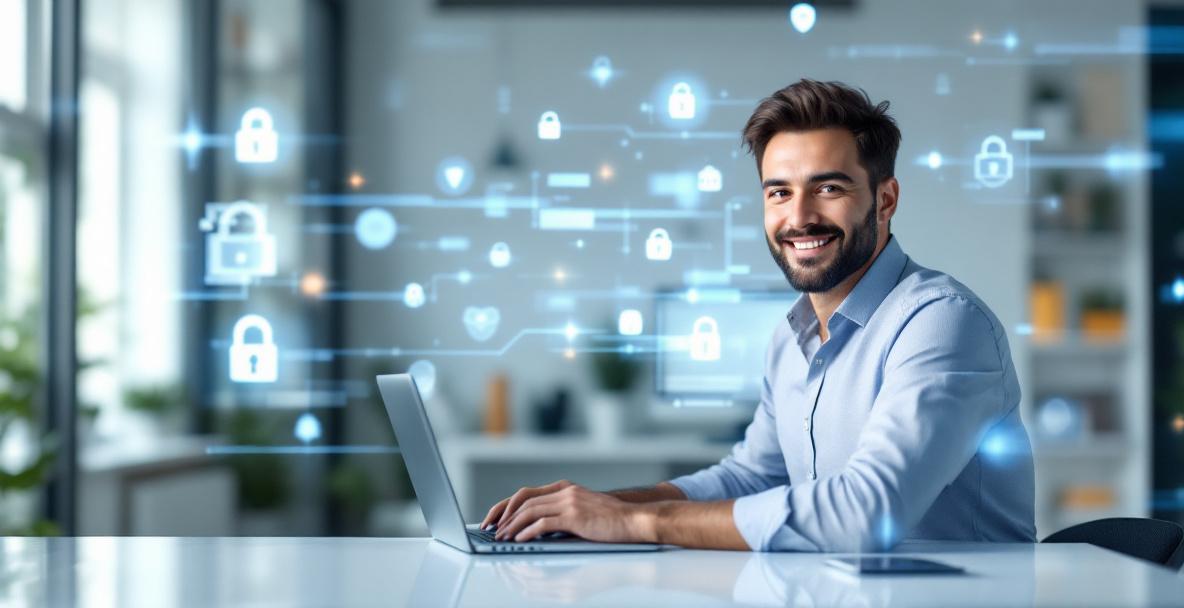 Kleine Unternehmerin schützt ihr Unternehmen mit modernen Cybersicherheitsmaßnahmen am Arbeitsplatz.
