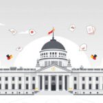 Illustration des Deutschen Bundestagsgebäudes mit Symbolen für Parlamentsarbeit und Parteien