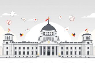 Illustration des Deutschen Bundestagsgebäudes mit Symbolen für Parlamentsarbeit und Parteien