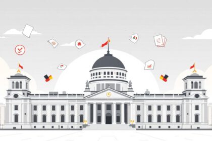 Illustration des Deutschen Bundestagsgebäudes mit Symbolen für Parlamentsarbeit und Parteien
