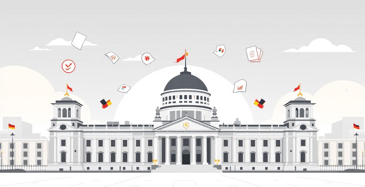 Illustration des Deutschen Bundestagsgebäudes mit Symbolen für Parlamentsarbeit und Parteien