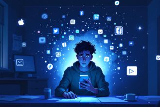 Jugendlicher sitzt nachts mit Smartphone in dunklem Raum, umgeben von Social Media Symbolen, und wirkt bedrückt.