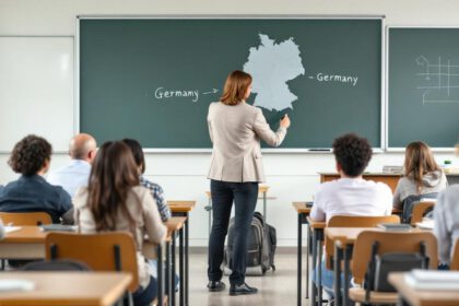 Blick in einen deutschen Klassenraum mit Schülern, Lehrkraft und Landkarte, symbolisiert das deutsche Schulsystem.