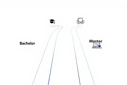 Illustration mit zwei Wegen, die Bachelor- und Master-Abschluss symbolisieren, mit Hochschulsymbolen und Karrieresymbolen.