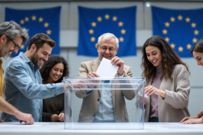 Mehrere Menschen aus verschiedenen europäischen Ländern werfen Stimmzettel in eine transparente Wahlurne vor EU-Flaggen.