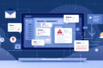 Illustration verschiedener Cyberkriminalität-Arten wie Malware, Phishing und DDoS-Angriffe in moderner Darstellung.