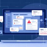 Illustration verschiedener Cyberkriminalität-Arten wie Malware, Phishing und DDoS-Angriffe in moderner Darstellung.