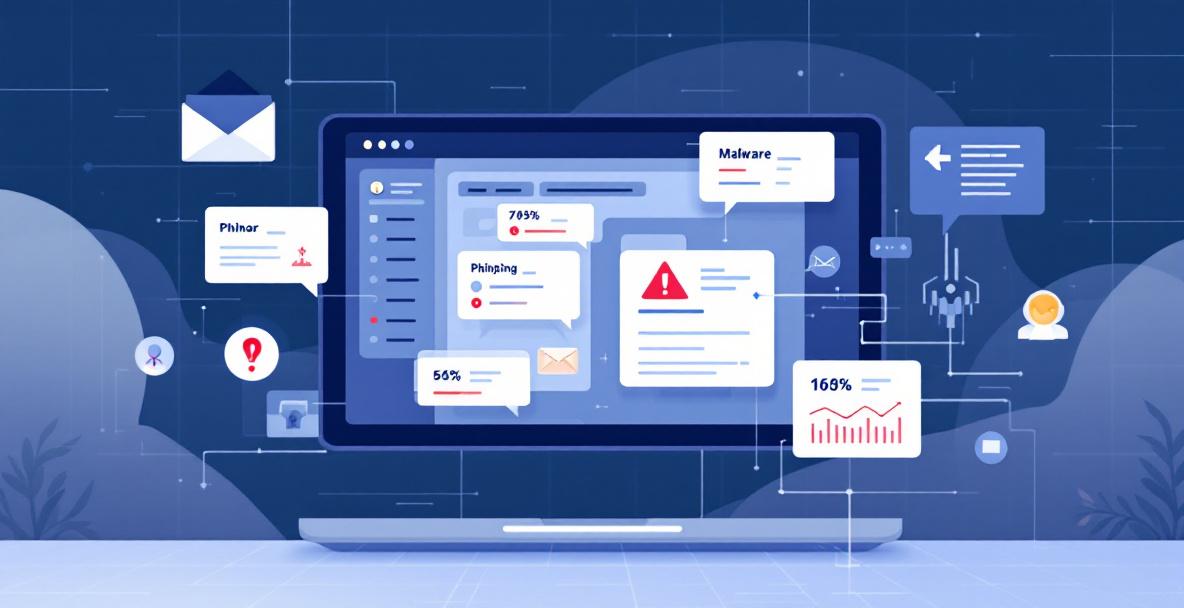 Illustration verschiedener Cyberkriminalität-Arten wie Malware, Phishing und DDoS-Angriffe in moderner Darstellung.