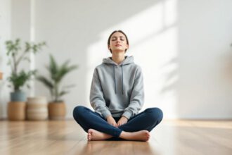 Erwachsene Person übt psychische Erste Hilfe zur Stressbewältigung in ruhiger Umgebung.