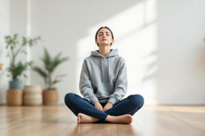 Erwachsene Person übt psychische Erste Hilfe zur Stressbewältigung in ruhiger Umgebung.