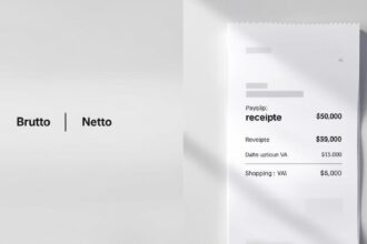 Vergleich von Brutto und Netto auf einer Gehaltsabrechnung und einem Kassenzettel mit Mehrwertsteuer.