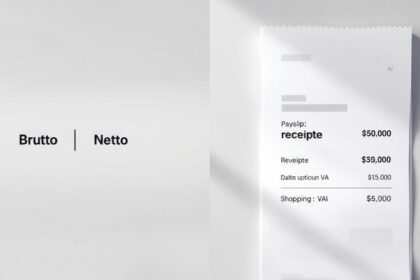 Vergleich von Brutto und Netto auf einer Gehaltsabrechnung und einem Kassenzettel mit Mehrwertsteuer.