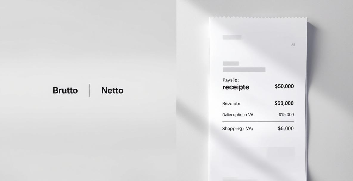 Vergleich von Brutto und Netto auf einer Gehaltsabrechnung und einem Kassenzettel mit Mehrwertsteuer.