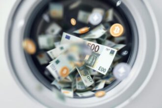 Symbolbild: Euro-Geldscheine in Waschmaschine mit digitalen Elementen als Darstellung der Geldwäsche.