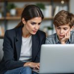 Besorgte Mutter und Sohn in Deutschland sitzen gemeinsam am Laptop und informieren sich über Hilfe bei Cybermobbing.