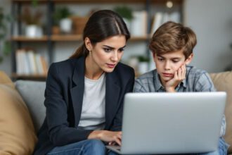 Besorgte Mutter und Sohn in Deutschland sitzen gemeinsam am Laptop und informieren sich über Hilfe bei Cybermobbing.