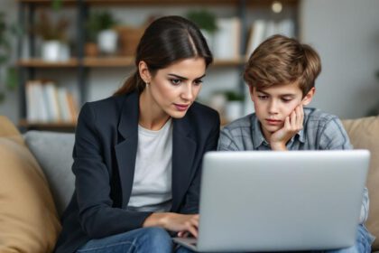 Besorgte Mutter und Sohn in Deutschland sitzen gemeinsam am Laptop und informieren sich über Hilfe bei Cybermobbing.
