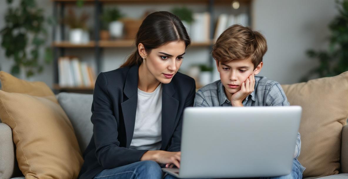Besorgte Mutter und Sohn in Deutschland sitzen gemeinsam am Laptop und informieren sich über Hilfe bei Cybermobbing.