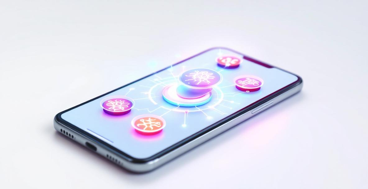 Ein Smartphone mit Gehirntraining-App-Symbolen und digitalen Neuronen als Symbol für kognitive Fitness 2025.