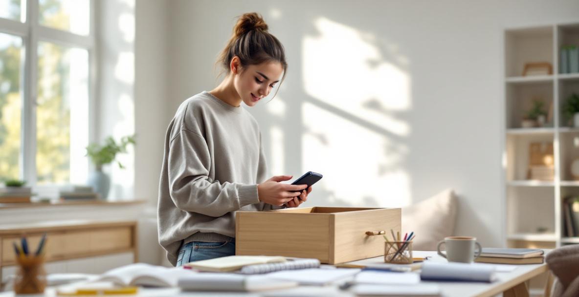 Student legt Smartphone in Schublade als Symbol für Digital Detox im Studium.