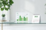 Grüne Finanzgrafiken und Kalender 2025 symbolisieren nachhaltige ETF-Trends im modernen Business-Umfeld.