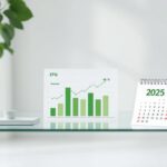 Grüne Finanzgrafiken und Kalender 2025 symbolisieren nachhaltige ETF-Trends im modernen Business-Umfeld.