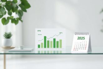 Grüne Finanzgrafiken und Kalender 2025 symbolisieren nachhaltige ETF-Trends im modernen Business-Umfeld.