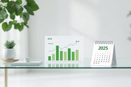Grüne Finanzgrafiken und Kalender 2025 symbolisieren nachhaltige ETF-Trends im modernen Business-Umfeld.