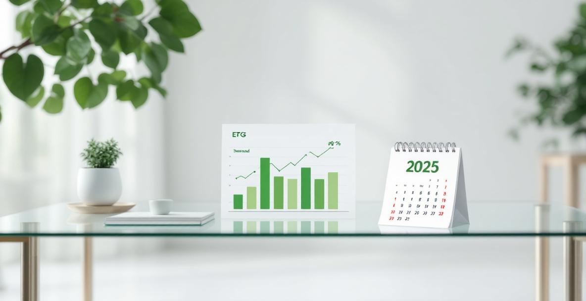 Grüne Finanzgrafiken und Kalender 2025 symbolisieren nachhaltige ETF-Trends im modernen Business-Umfeld.