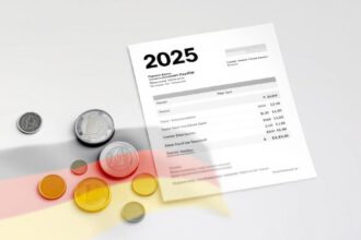 Ein deutscher Gehaltszettel mit der Aufschrift 2025, Euro-Münzen und einer Deutschlandflagge.