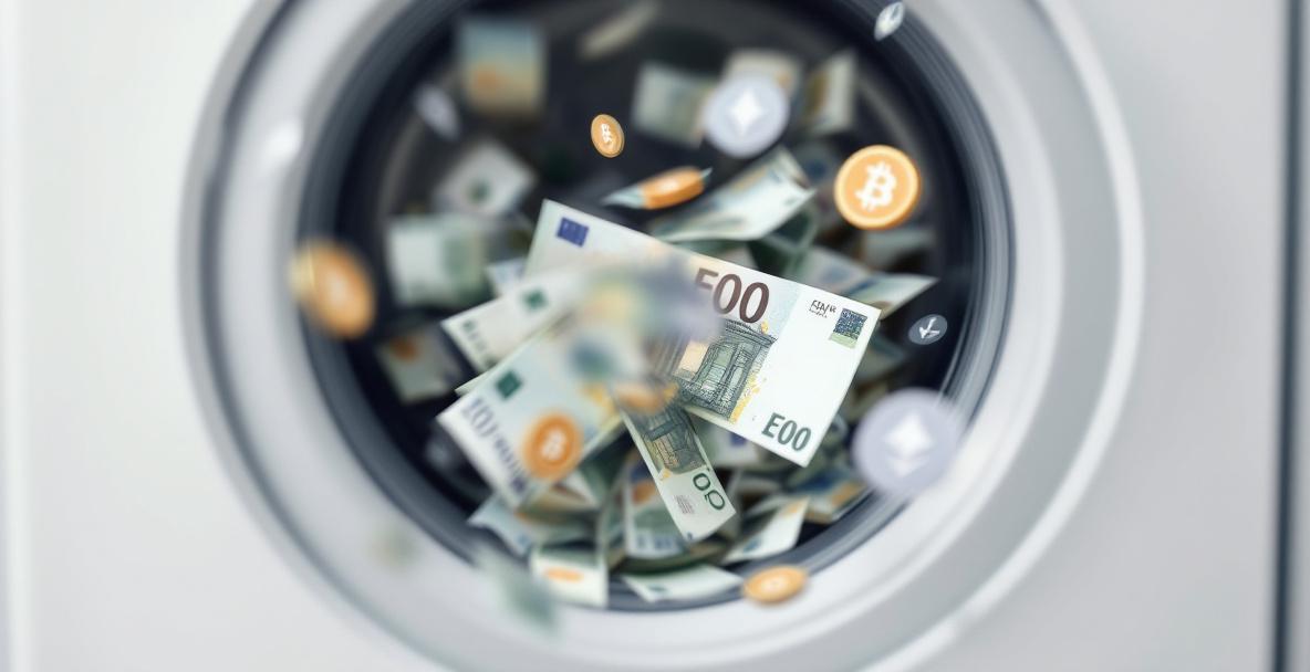Symbolbild: Euro-Geldscheine in Waschmaschine mit digitalen Elementen als Darstellung der Geldwäsche.
