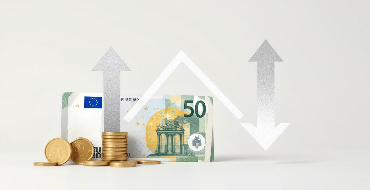 Euro-Banknoten und Münzen mit aufwärts und abwärts gerichteten Pfeilen als Symbol für Inflation.
