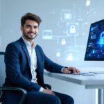 Junger Berufseinsteiger arbeitet an einem Computer mit digitalen Sicherheitssymbolen im Hintergrund