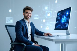 Junger Berufseinsteiger arbeitet an einem Computer mit digitalen Sicherheitssymbolen im Hintergrund