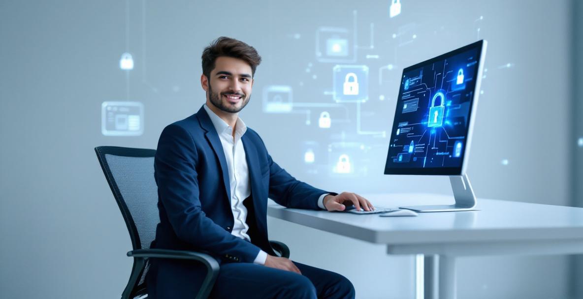 Junger Berufseinsteiger arbeitet an einem Computer mit digitalen Sicherheitssymbolen im Hintergrund