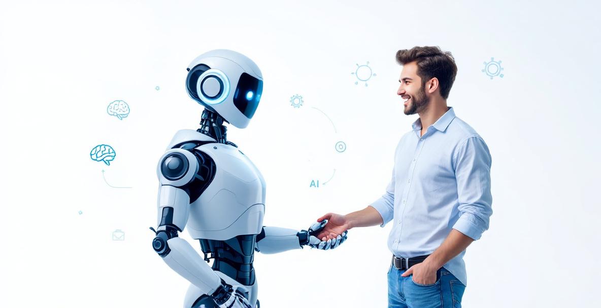 Freundlicher Roboter und Mensch im Gespräch mit Symbolen für künstliche Intelligenz auf blau-weißem Hintergrund.