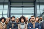 Mehrere Menschen verschiedener Herkunft stehen vor der Agentur für Arbeit in Deutschland und repräsentieren die Themen Arbeitslosigkeit und soziale Absicherung.