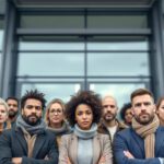 Mehrere Menschen verschiedener Herkunft stehen vor der Agentur für Arbeit in Deutschland und repräsentieren die Themen Arbeitslosigkeit und soziale Absicherung.