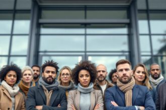 Mehrere Menschen verschiedener Herkunft stehen vor der Agentur für Arbeit in Deutschland und repräsentieren die Themen Arbeitslosigkeit und soziale Absicherung.
