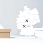 Illustration eines deutschen Stimmzettels mit zwei Kreuzen, Wahlurne und Deutschlandkarte im Hintergrund.