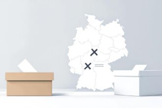 Illustration eines deutschen Stimmzettels mit zwei Kreuzen, Wahlurne und Deutschlandkarte im Hintergrund.