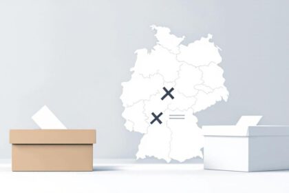Illustration eines deutschen Stimmzettels mit zwei Kreuzen, Wahlurne und Deutschlandkarte im Hintergrund.
