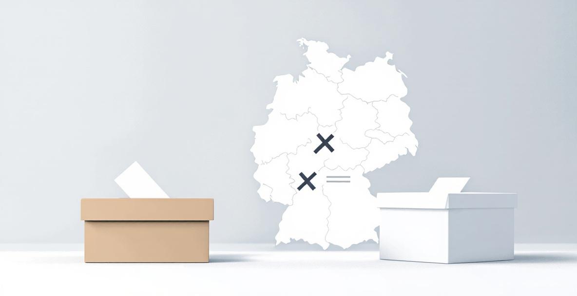 Illustration eines deutschen Stimmzettels mit zwei Kreuzen, Wahlurne und Deutschlandkarte im Hintergrund.